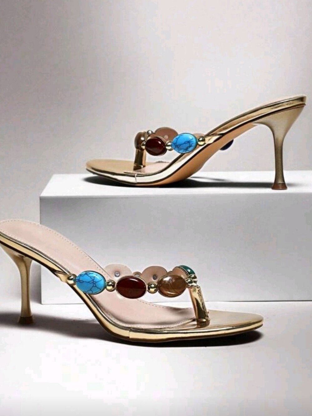 Women Gemstone Decor Stiletto Everyday Vintage Sexy Beach Elegant PU Gold